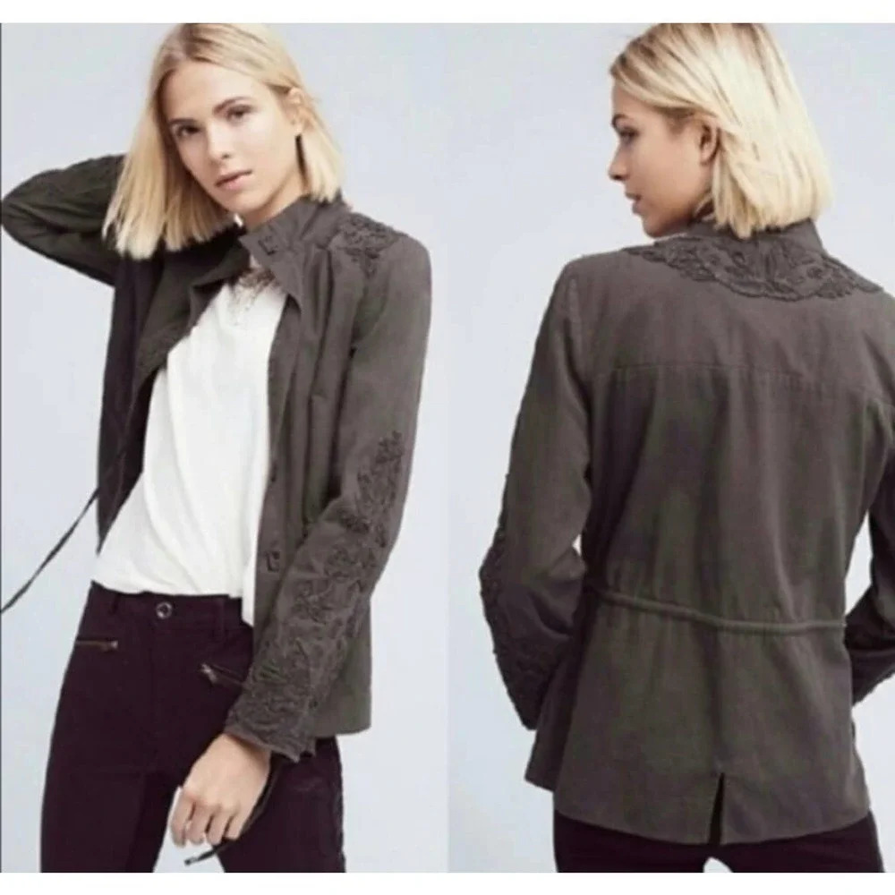 Anthropologie‎ Love Sam Travis Military Jacket Beaded Charcoal Gray Size Medium